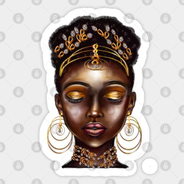 Queen Black empress beautiful black girl with Gold earrings, ornate headdress,  brown eyes looking  upwards and dark brown skin ! Sticker by Artonmytee